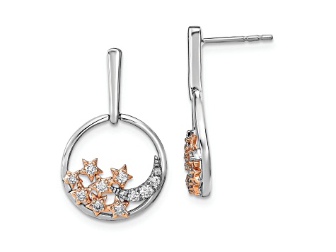 14k Two-tone Gold Moon and Stars Circle Diamond Dangle Earrings