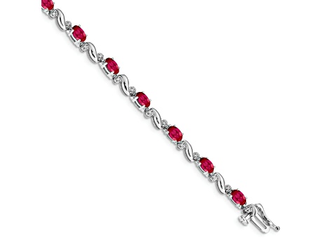 Rhodium Over 10k White Gold Diamond and Ruby Bracelet