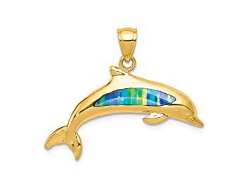 Picture of 14k Yellow Gold Lab Created Opal Dolphin Pendant