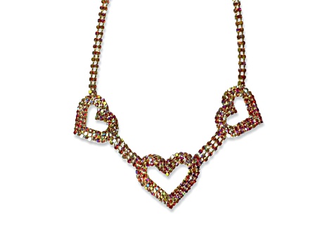 Gold Tone, AB Rose Crystal Heart Necklace.