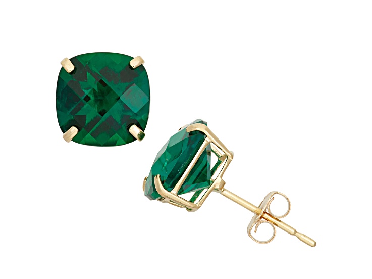 Cushion Lab Created Emerald 10K Yellow Gold Earrings