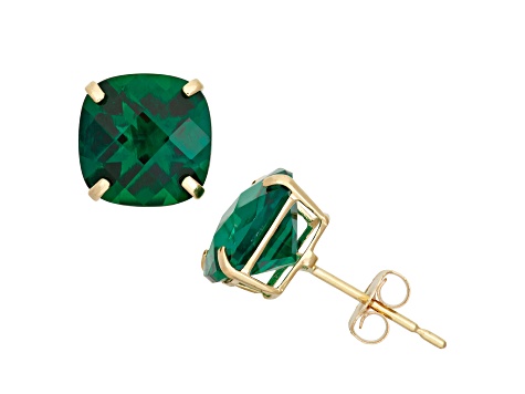 Cushion Lab Created Emerald 10K Yellow Gold Earrings 2.62ctw