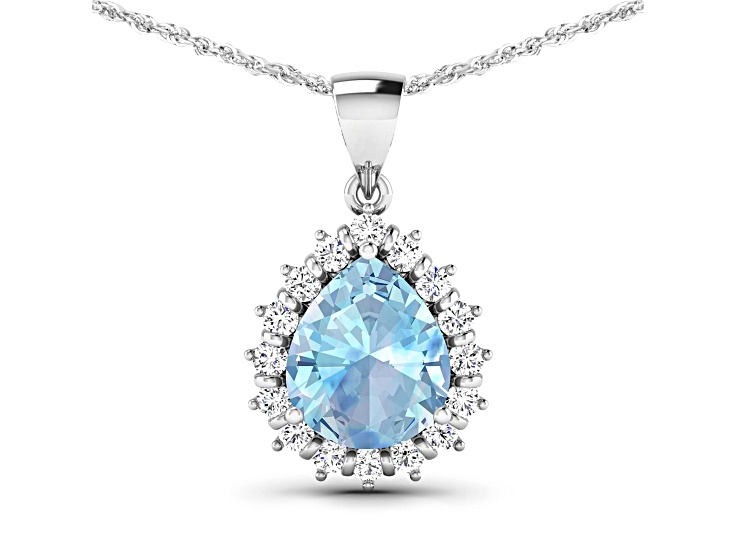 Pear Aquamarine and White Diamond 14K White Gold Pendant with 18 inch Cable Chain 2.30ctw