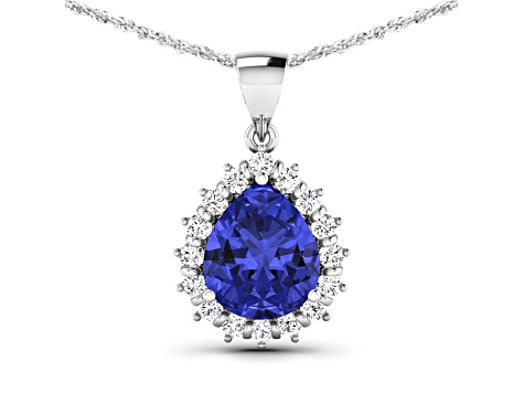 Blue Tanzanite and White Diamond 14K White Gold Pendant with 18 inch Cable Chain 3.25ctw