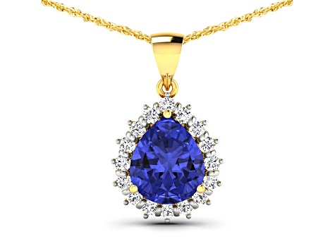 Blue Tanzanite and White Diamond 14K Yellow Gold Pendant with 18 inch Cable Chain 3.25ctw