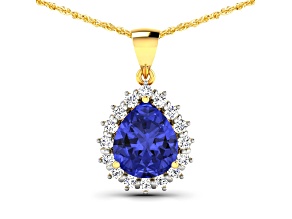 Blue Tanzanite and White Diamond 14K Yellow Gold Pendant with 18 inch Cable Chain 3.25ctw