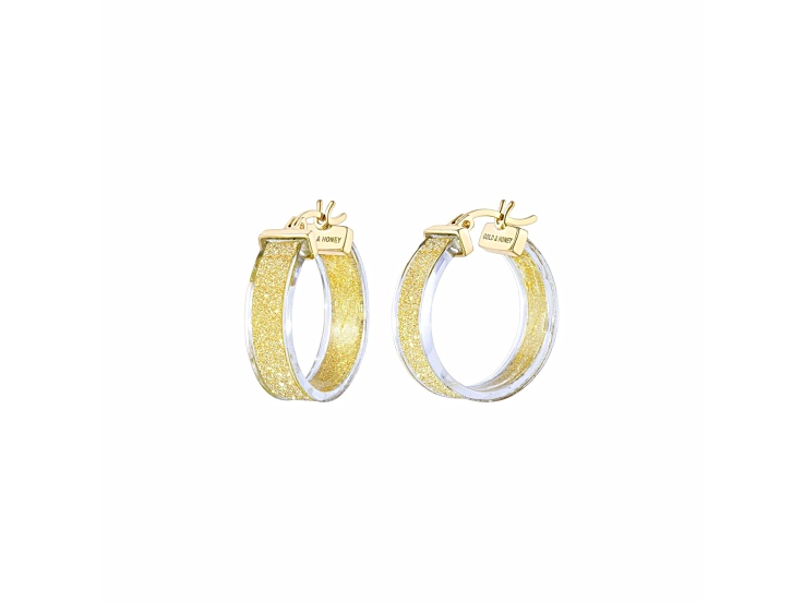 14K Yellow Gold Over Sterling Silver Wide Gold Color Glitter Clear Acrylic Hoops