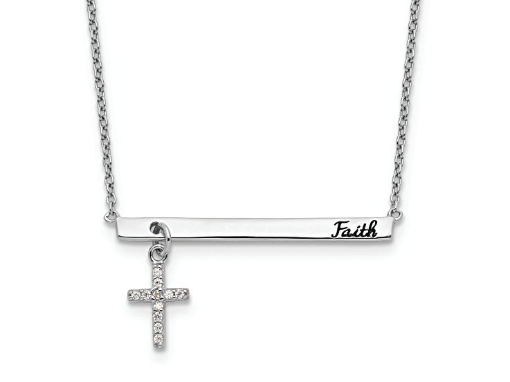 Rhodium Over Sterling Silver Cubic Zirconia Cross Black Enamel FAITH Bar Necklace