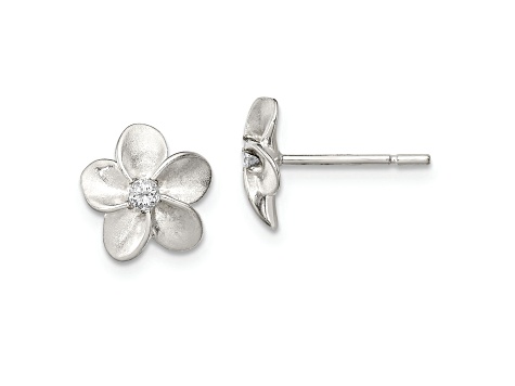 Sterling Silver Polished and Satin CZ Flower Post Earrings