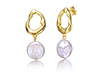 Picture of White Freshwater Pearl, 14K Gold Plated over Sterling Silver Twisted Circle Dangle Drop Earrings