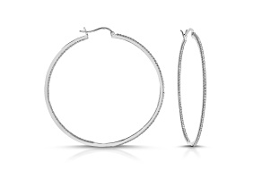 Clear Cubic Zirconia, Rhodium Plated Slim Large Hoop Earrings
