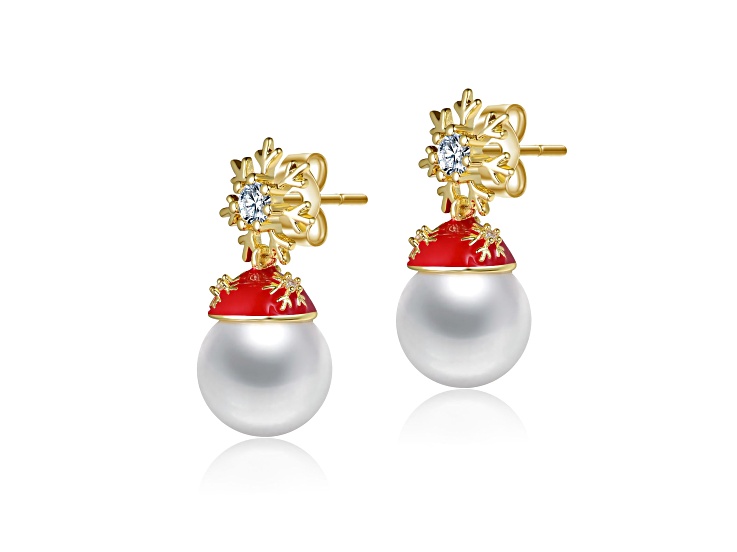 White Pearl & Clear Cubic Zirconia, 14K Gold Plated Christmas Snowflake and Santa Hat Drop Earrings