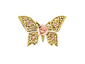 1928 Jewelry Gold-Tone Pink Crystal and Porcelain Rose Butterfly Brooch