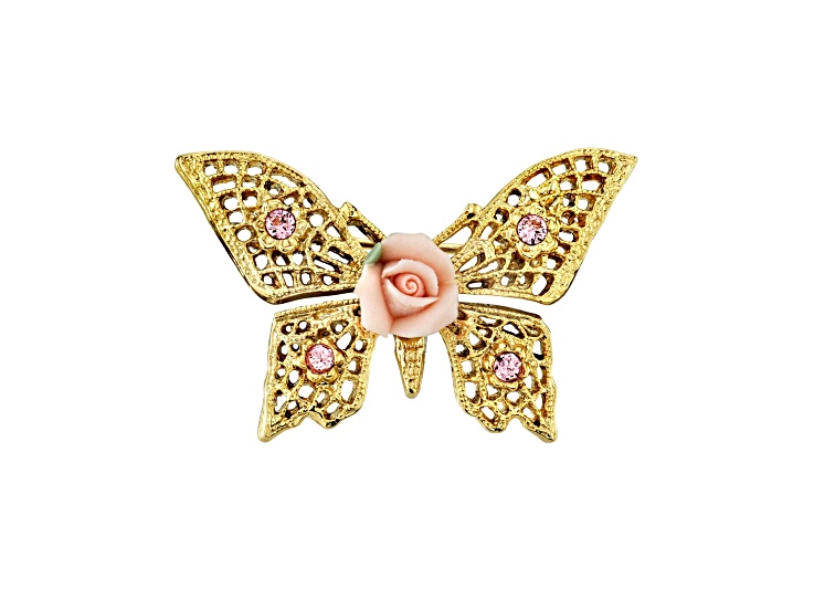 1928 Jewelry Gold-Tone Pink Crystal and Porcelain Rose Butterfly Brooch