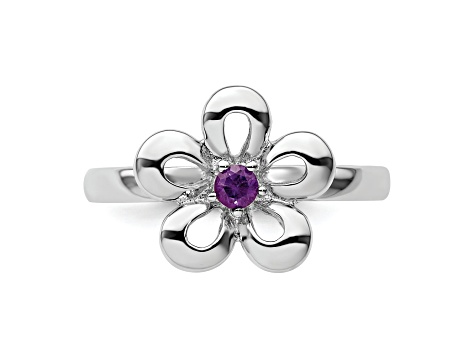 Sterling Silver Stackable Expressions Polished Flower Amethyst Ring 0.10ctw