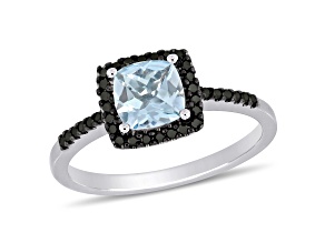 Aquamarine and Black Diamond 10K White Gold Halo Ring 0.99ctw
