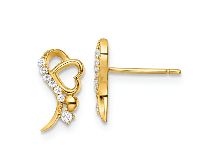 14k Yellow Gold Polished Cubic Zirconia and Heart Stud Earrings
