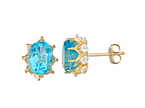 Oval Swiss Blue Topaz 10K Yellow Gold Stud Earrings 3.40ctw