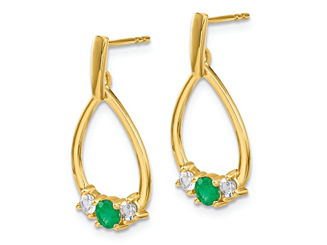 10k Yellow Gold 0.56ctw Emerald May Birthstone and White Sapphire Dangle Earrings