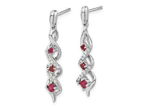 Rhodium Over 10k White Gold 0.12ctw Diamond and 0.46ctw Ruby Birthstone 3 Stone Dangle Earrings