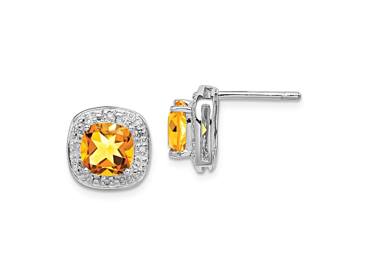 Sterling Silver Rhodium-plated Citrine and Diamond Post Earrings