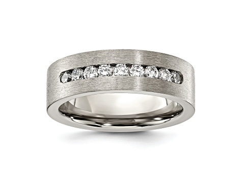 White Cubic Zirconia Titanium Flat 7mm Men's Band Ring