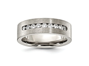 White Cubic Zirconia Titanium Flat 7mm Men's Band Ring