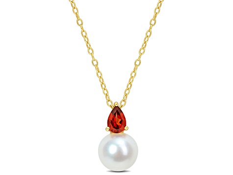 FW Cultured Pearl Pendant and 1/2 CT TGW Garnet Pendant with Chain in Yellow Plated Sterling Silver