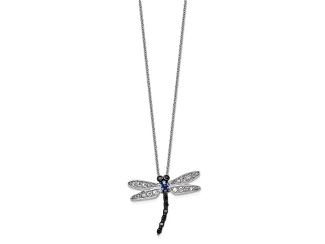 Rhodium Over Sterling Silver White Black Blue Cubic Zirconia Dragonfly Necklace