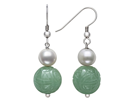 Sterling Silver 7-8MM Freshwater Pearl and Carved 11MM Jadeite Earring - 15H1FA - Vimarsana News