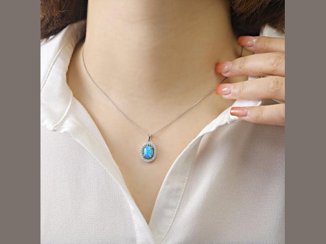 Lab Created Blue Opal, Green Nanocrystal & Cubic Zirconia Accents Sterling Silver Necklace
