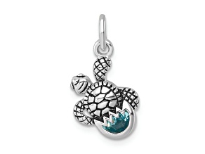Rhodium Over Sterling Silver Antiqued Crystal Hatching Turtle Pendant