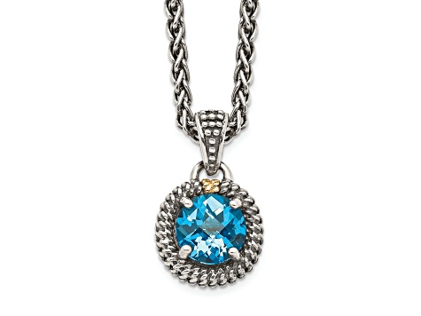 Sterling Silver Antiqued with 14K Accent Blue Topaz Necklace