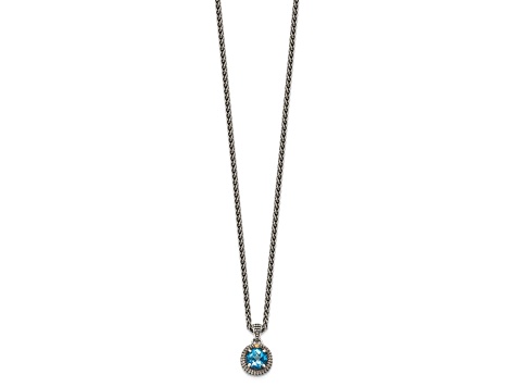 Sterling Silver Antiqued with 14K Accent Blue Topaz Necklace