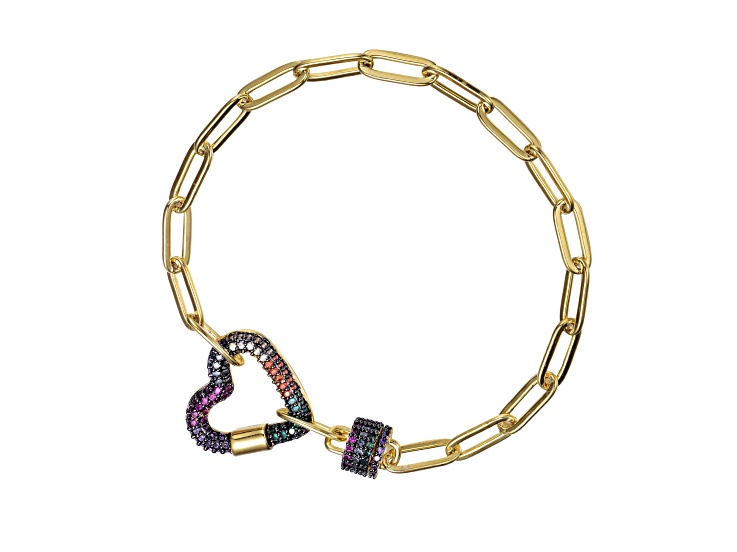 Teens 14k Yellow Gold & Black Plated over Brass with Multi-Colored CZ Heart Chain Bracelet
