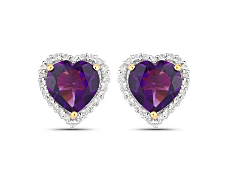 Heart Purple Amethyst White Topaz 18K Yellow Gold Over Silver Halo Stud Earrings