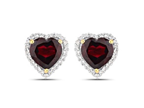 Heart Red Garnet White Topaz 18K Yellow Gold Over Silver Halo Stud Earrings