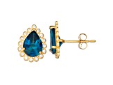 Pear London Blue Topaz 10K Yellow Gold Stud Earrings 2.66ctw
