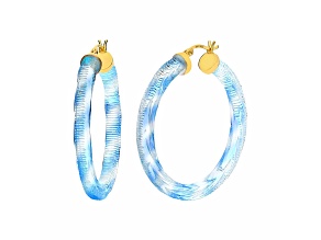 14K Yellow Gold Over Sterling Silver Painted Hoops in Light Blue Stripe