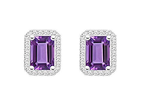 7x5mm Emerald Cut Amethyst 1/5 ctw Diamond Rhodium Over Sterling Silver Halo Stud Earrings