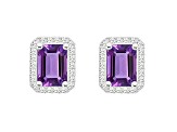 7x5mm Emerald Cut Amethyst 1/5 ctw Diamond Rhodium Over Sterling Silver Halo Stud Earrings