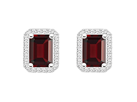 7x5mm Emerald Cut Garnet 1/5 ctw Diamond Rhodium Over Sterling Silver Halo Stud Earrings