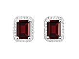 7x5mm Emerald Cut Garnet 1/5 ctw Diamond Rhodium Over Sterling Silver Halo Stud Earrings