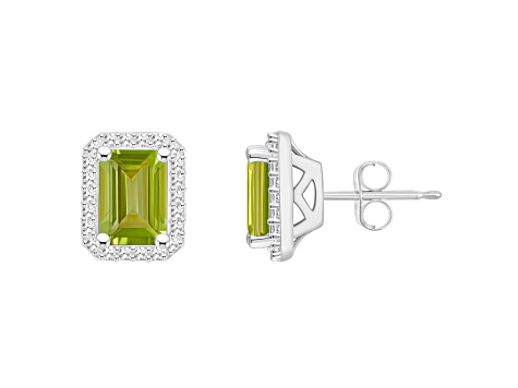 7x5mm Emerald Cut Peridot 1/5 ctw Diamond Rhodium Over Sterling Silver Halo Stud Earrings