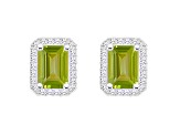 7x5mm Emerald Cut Peridot 1/5 ctw Diamond Rhodium Over Sterling Silver Halo Stud Earrings