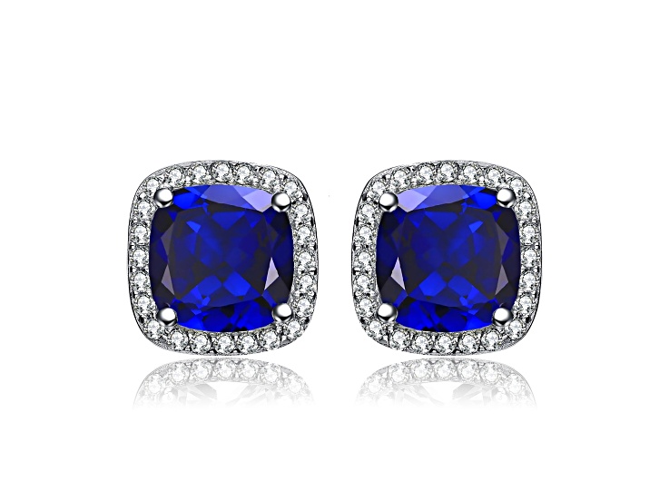 Blue Square Cubic Zirconia, Rhodium Plated over Sterling Silver Stud Earrings