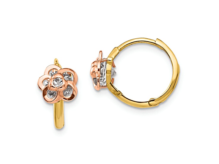 14k Two-tone Gold Children's Cubic Zirconia 1/2" Flower Hinged Hoop Earrings