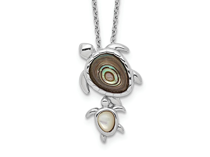 Rhodium Over Sterling Silver Abalone and Mother of Pearl Turtle Necklace