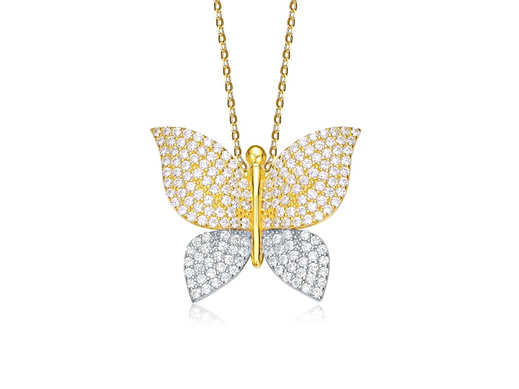 Two-Tone 14K Yellow Gold & Rhodium Plated over brass with Clear CZ Butterfly Pendant Necklace