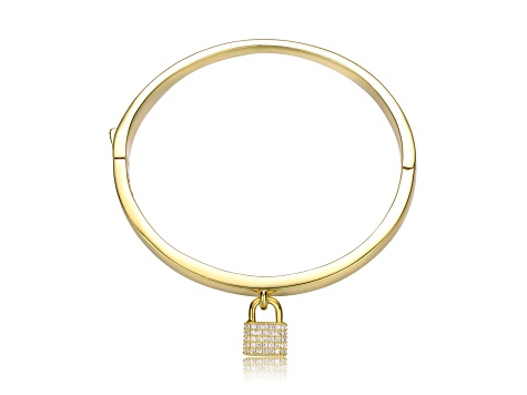 14k Yellow Gold Plated over Brass with Clear Cubic Zirconia Padlock Charm Stacking Bangle Bracelet